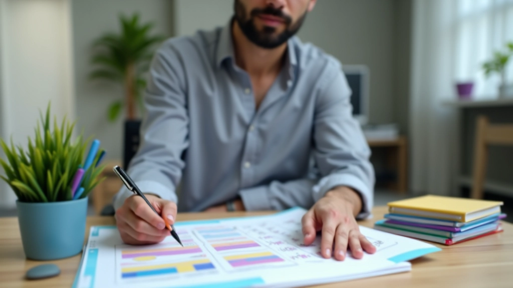 شخص جالس على مكتب مع دفتر ملون وأقلام ملونة، يخطط بجدية
