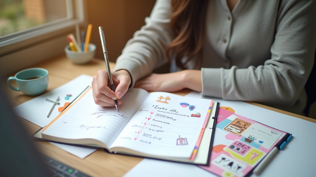 شخص يكتب أهدافه في دفتر ملون مع أقلام ملونة على طاولة منظمة