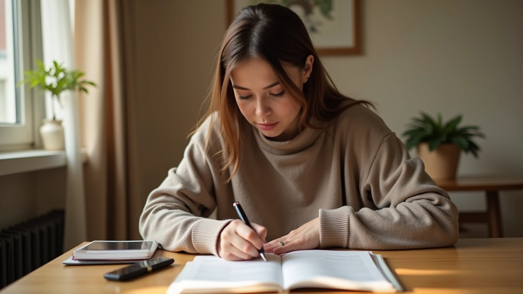 شخص يجلس مع دفتر يكتب قائمة بأحتياجاته وأهدافه الشخصية بانعكاس وتركيز
