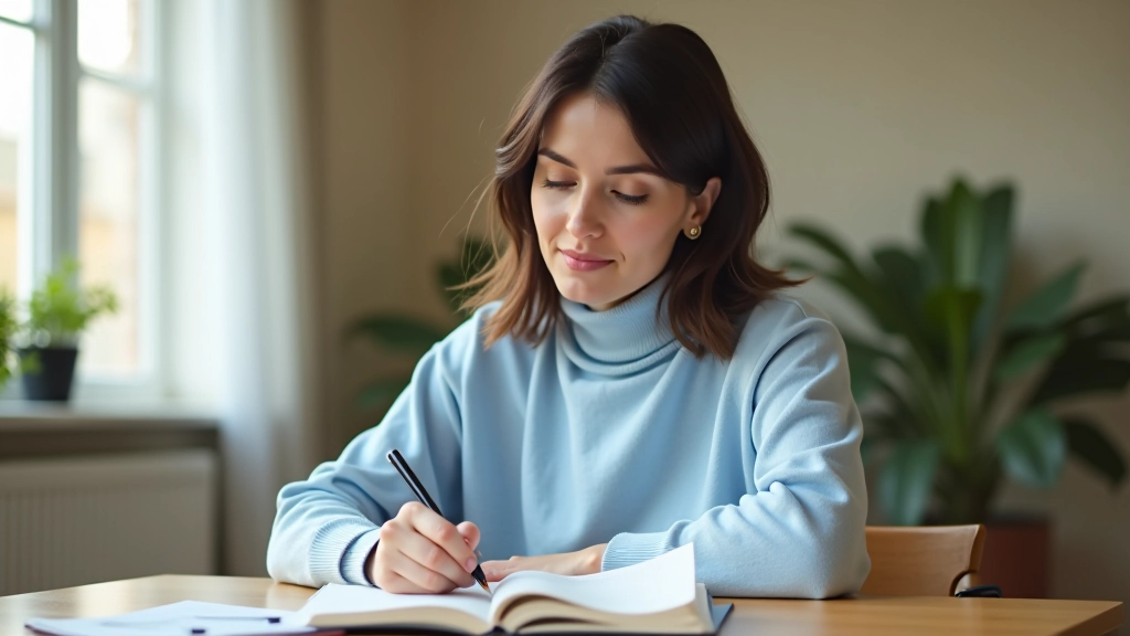 شخص يكتب في دفتر يوميات على مكتب مضاء بنور الشمس الطبيعي، قلم ملون بجانبه